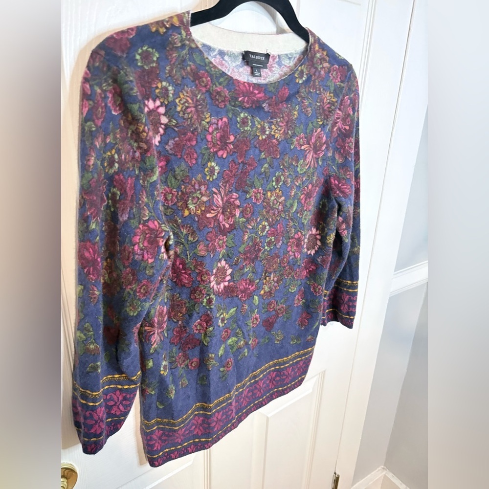 Talbots Audrey Cashmere Sweater – Floral Print – Size L | Burgundy Navy Gold - Picture 3 of 9